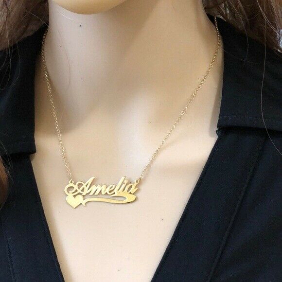 Personalized Gold over Sterling Silver Name Plate Heart Necklace - Amelia 18”