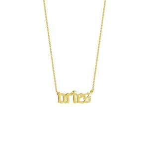 14K Solid Yellow Real Fine Gold Gothic Script Aries Zodiac Pendant Necklace