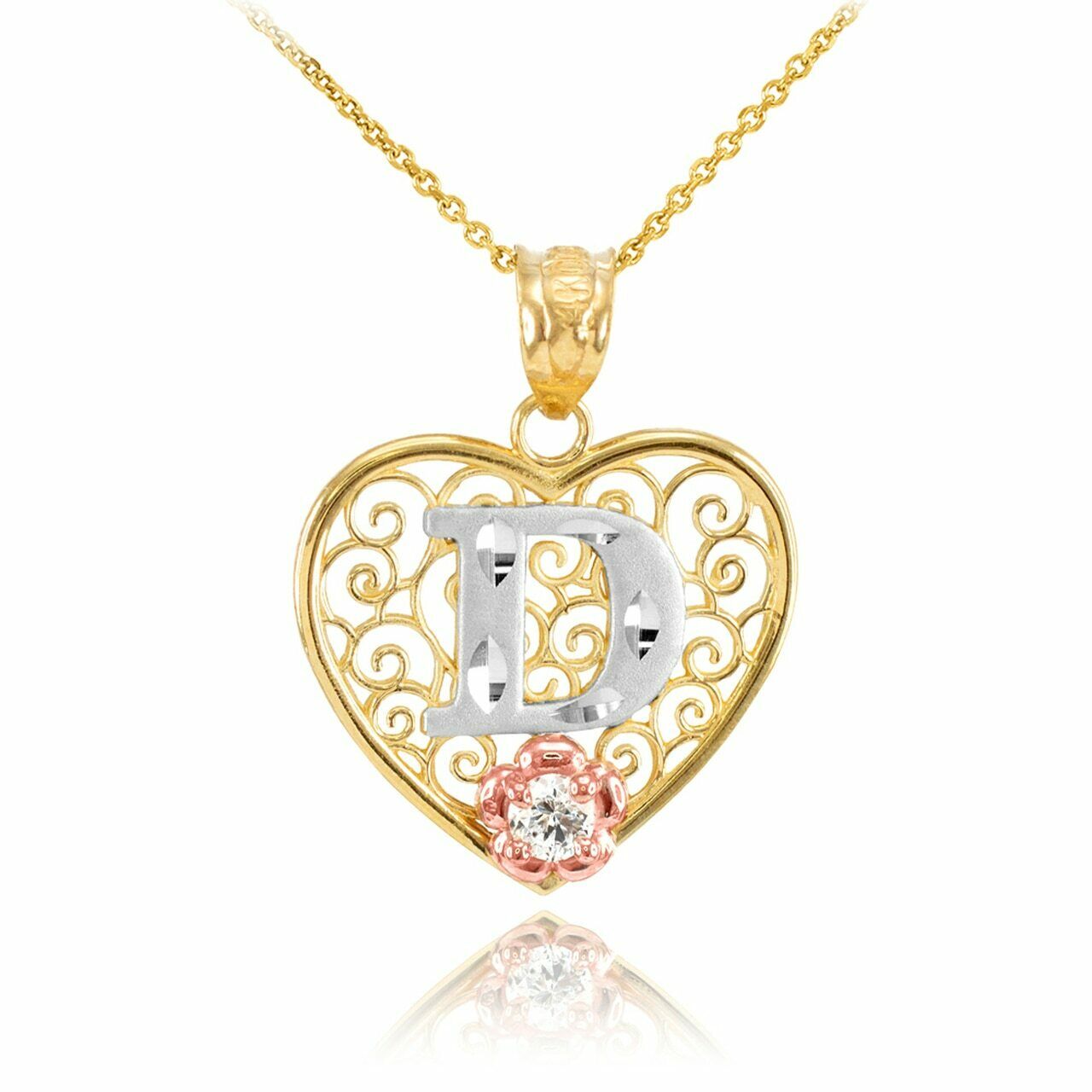 10k Solid Real Gold Initial Letter D Heart Filigree CZ Pendant Necklace