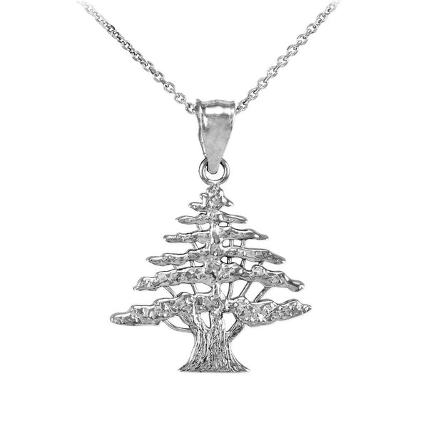 14k White Gold Lebanon Lebanese Cedar Oak Tree Cedrus Libani Pendant Necklace