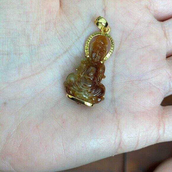 14K Solid Fine Real Yellow Gold Kwan yin Quan Buddha Red Jade Pendant Female