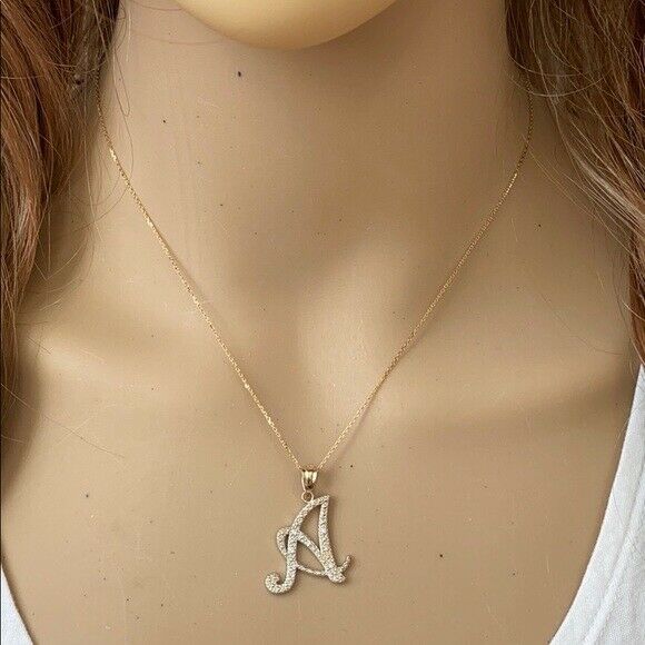 14k Solid Real Yellow Gold Diamonds Initial Script Letter A Pendant Necklace