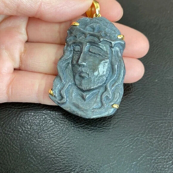 14K Real Solid Gold Natural Sapphire Carved Jesus Christ Head Face Pendant Large