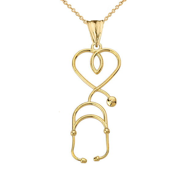 10k Solid Yellow Gold Stethoscope Heart Pendant Necklace 16" 18" 20" 22"