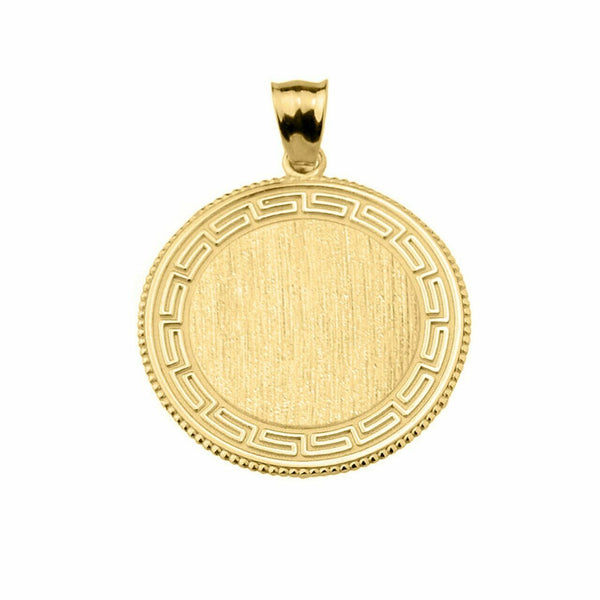 Solid 14k Yellow Gold Greek Key Engravable Round Pendant Necklace