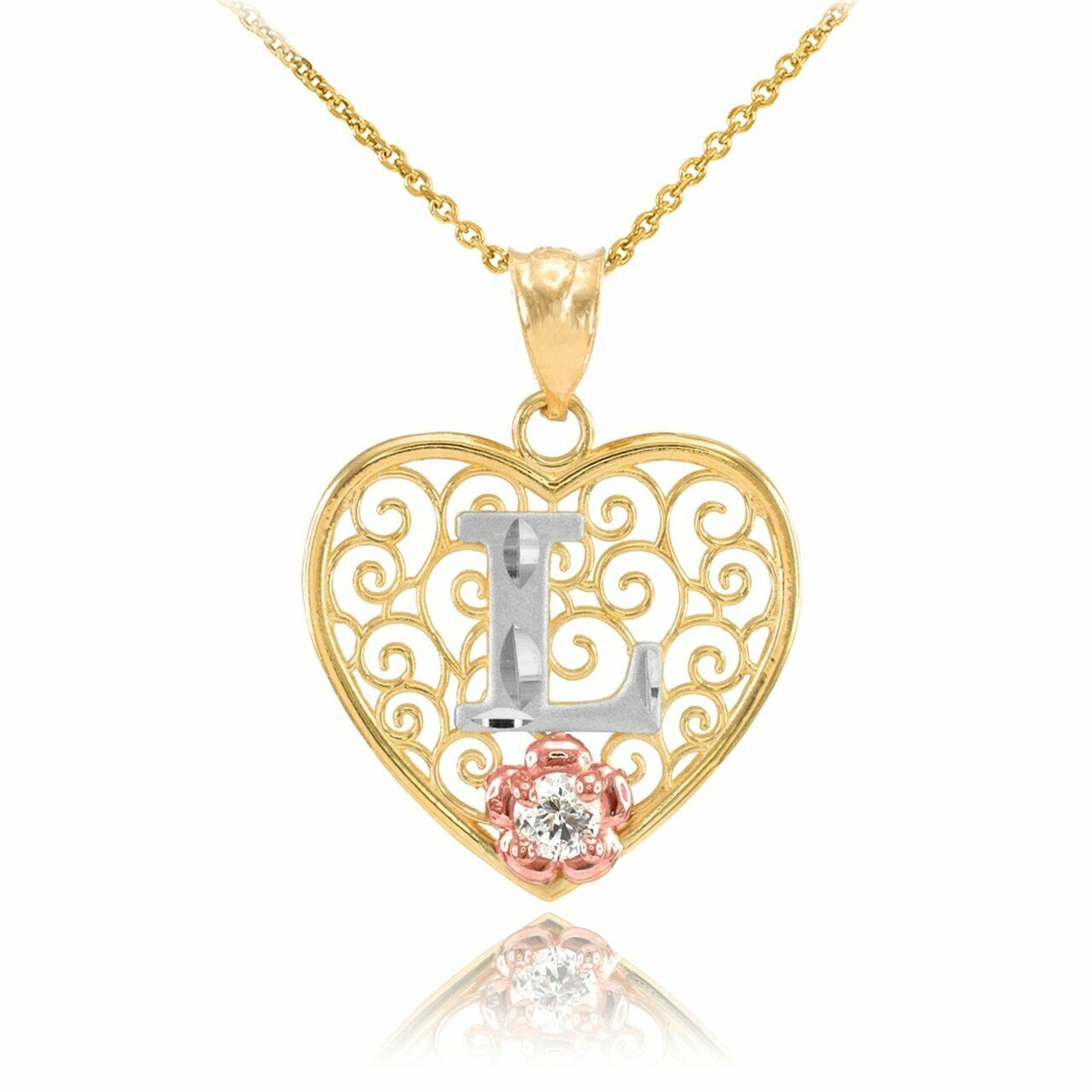 10k Solid Gold Initial Letter L Heart Filigree CZ Pendant Necklace