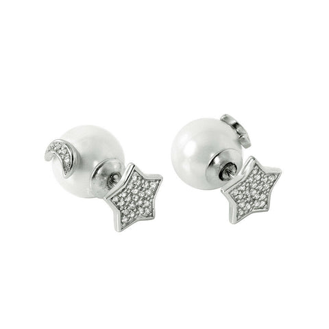 NWT Sterling Silver 925 Rhodium Plated Star Moon Pearl Stud Earrings