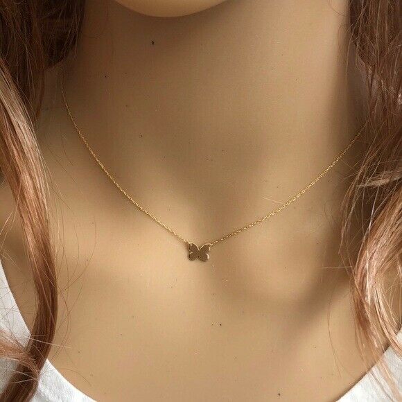 14K Solid Gold Mini Butterfly Dainty Necklace - Minimalist Yellow Adjust 16"-18