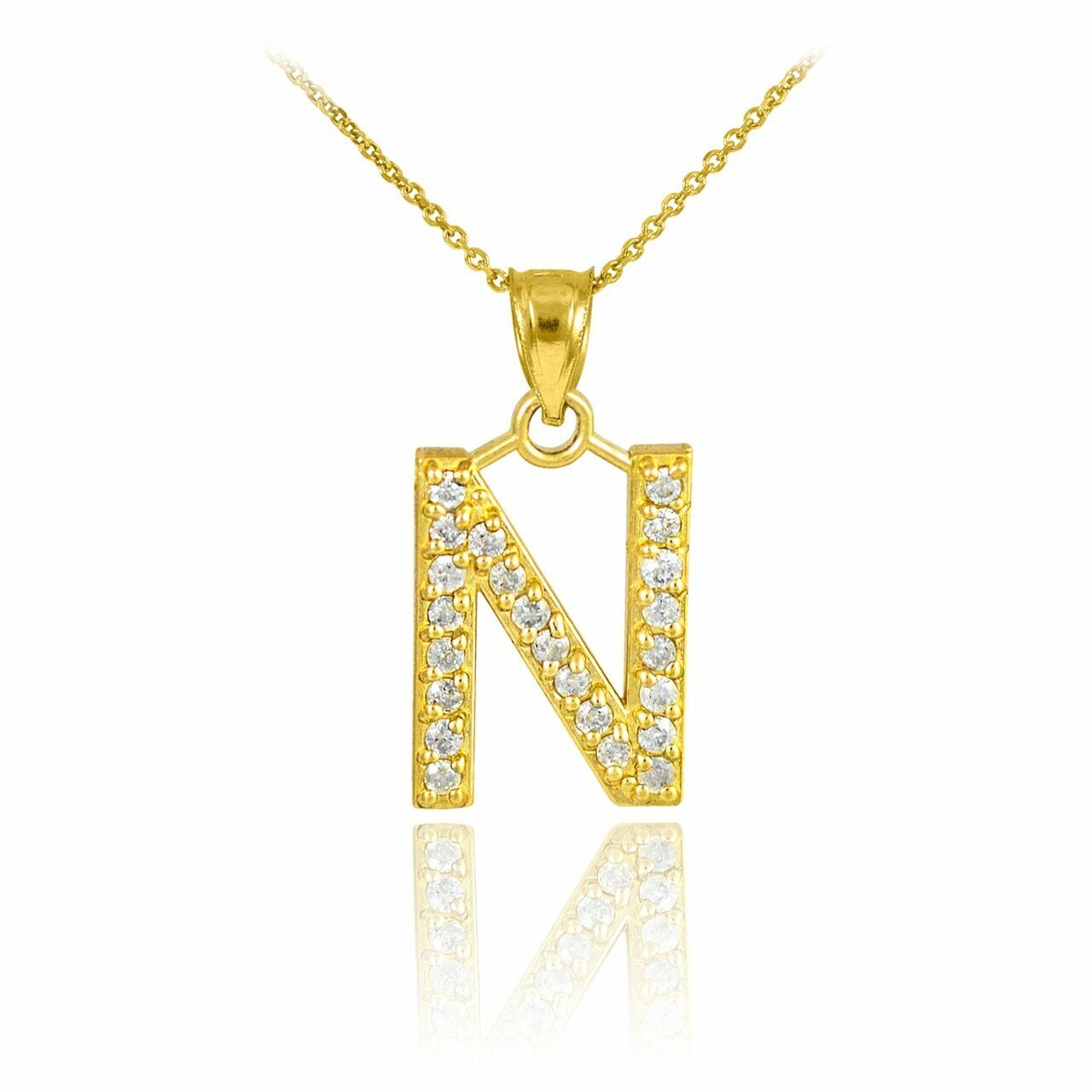 10k Solid Yellow Gold Diamond Monogram Initial Letter N Pendant Necklace