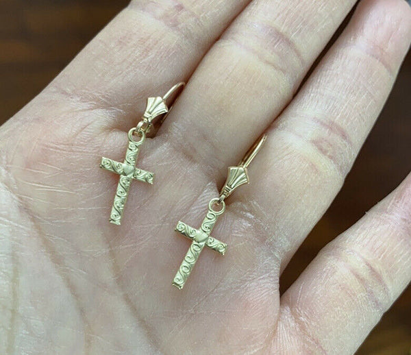 10k Yellow Gold Swirl Twirl Design Heart Cross Drop / Dangle Leverback Earrings