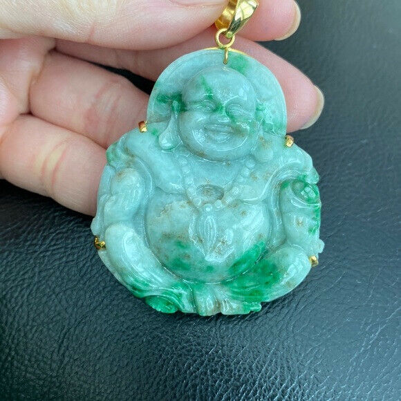 14K Solid Gold Laughing Male Buddha Buddist Genuine Carving Jade Large Pendant