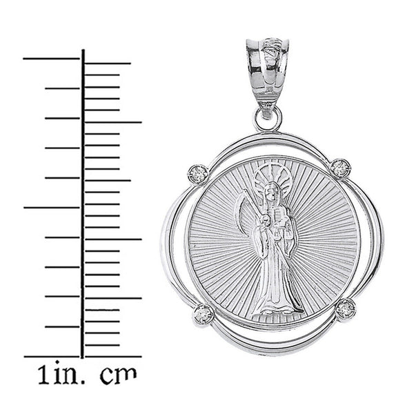 925 Sterling Silver Santa Muerte CZ Halo Circular Frame Pendant Necklace