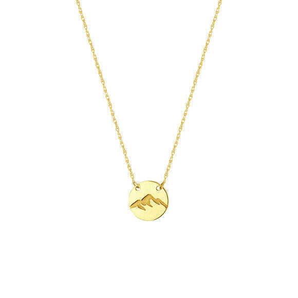 14K Solid Gold Mini Disk Disc Engrave Mountain Dainty Necklace - Minimalist
