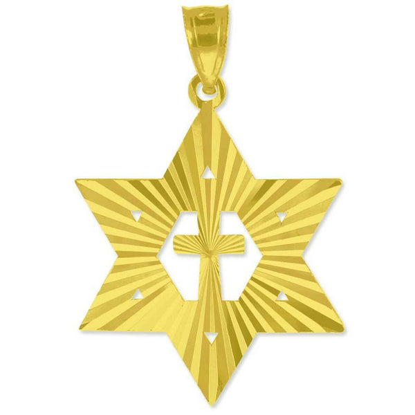 Solid 14k Yellow Gold Jewish Star of David and Cross Pendant Necklace Reversible
