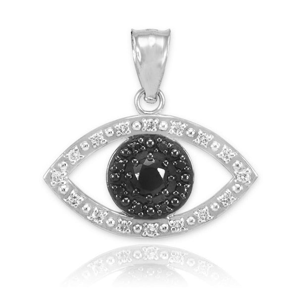14k Real White Gold Evil Eye with 16 Clear and 8 Black Diamond Pendant Necklace