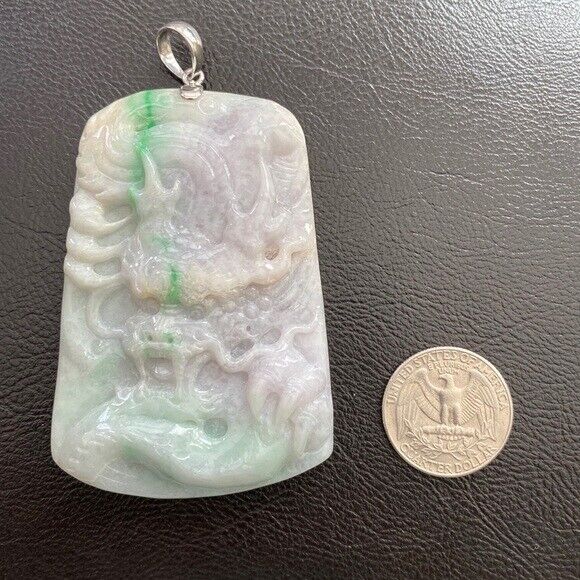 925 Sterling Silver Carving Jade Dragon Large Pendant Necklace Heavy
