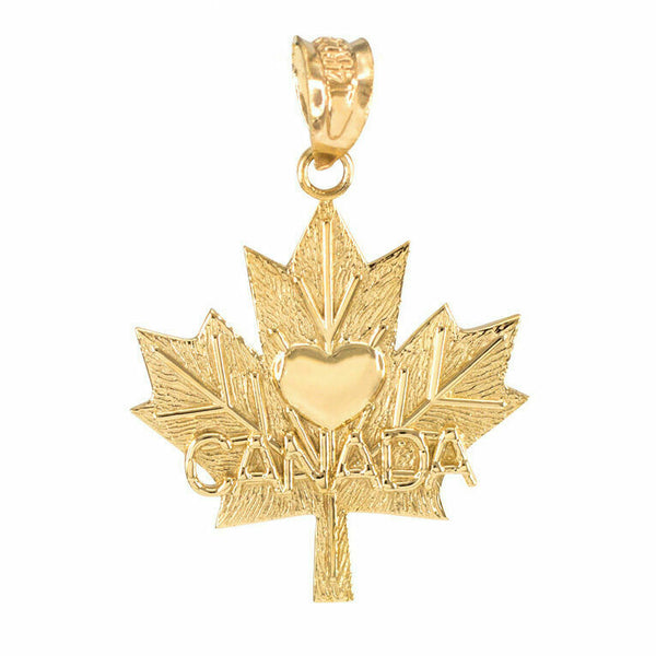 14K Solid Yellow Gold Maple Leaf CANADA Love Heart Pendant Necklace