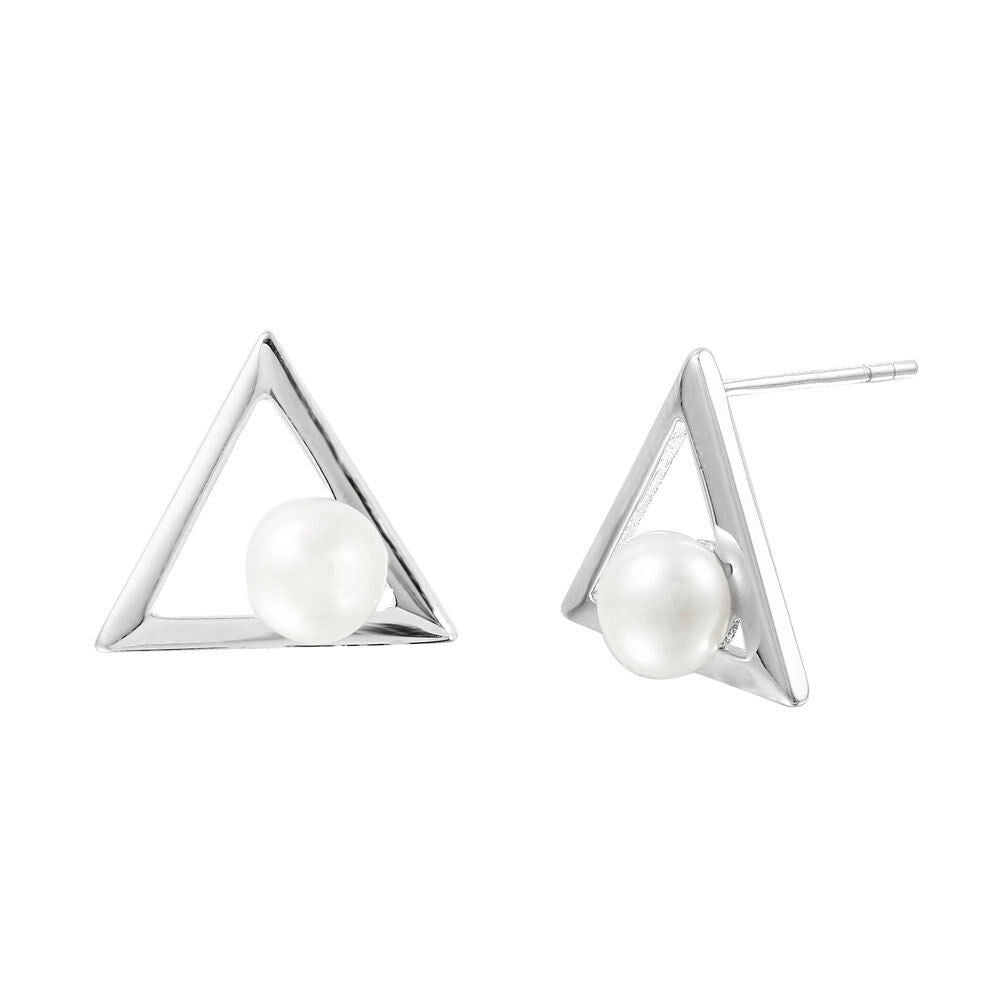 NWT Sterling Silver 925 Open Triangle Fresh Water Pearl Stud Earrings