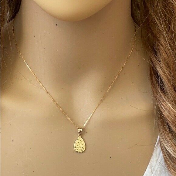 Solid Yellow Gold 10K Hammered Teardrop Pendant Necklace 16" 18" 20" 22"
