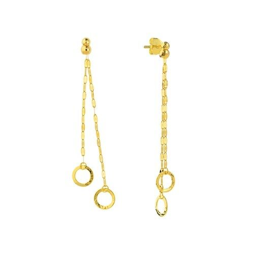 14K Solid Real Yellow Gold Double Strand Circle Dangle Post Earrings