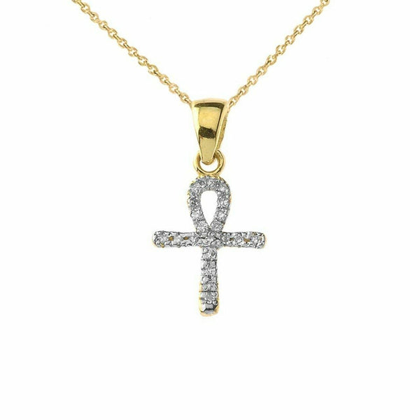 10k Solid Yellow Gold Mini Diamond Ankh Cross Pendant Necklace - Minimalist