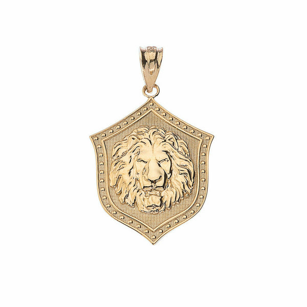 10K Solid Yellow Gold Lion Head Shield Protection Pendant Necklace