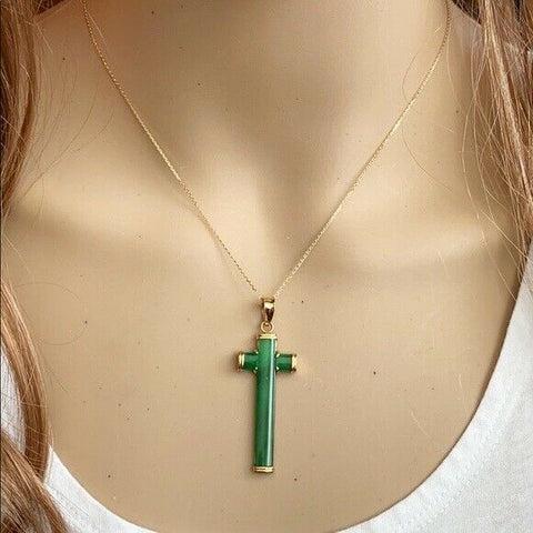 14K Solid Real Yellow Gold Cross Jade Charm Pendant - P35