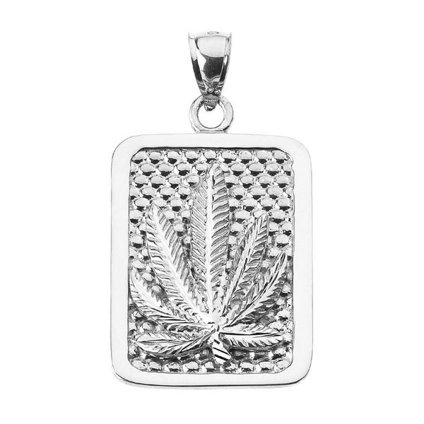 925 Sterling Silver Marijuana Cannabis Leaf Engravable Dog Tag Pendant Necklace