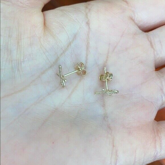 14K Solid Real Yellow Gold Diamond Mini Ankh Cross Stud Earrings