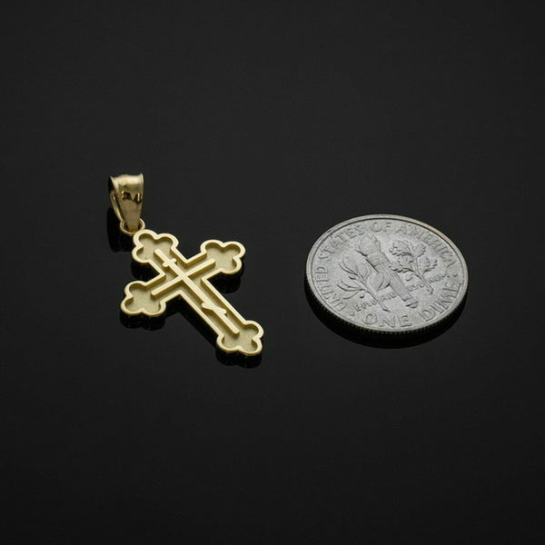 14k Solid Yellow Gold Eastern Orthodox Christian Cross Charm Pendant Necklace