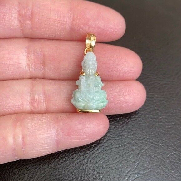 14K Solid Gold Guanyin Kwan Yin Buddha Natural Jade Pendant -Small Kid Size