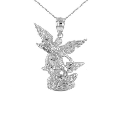 10K Solid White Gold St. Saint Michael The Archangel Pendant Necklace