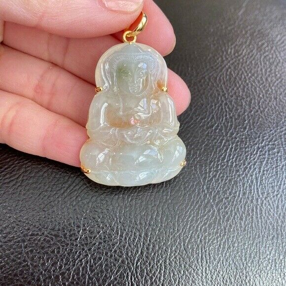 14K Solid Gold Female Tara Buddhist Buddha Natural Jade Pendant Bodhisattva