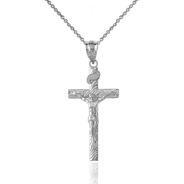 Sterling Silver NRI Jesus of Nazareth Crucifix Wood Texture Pendant Necklace