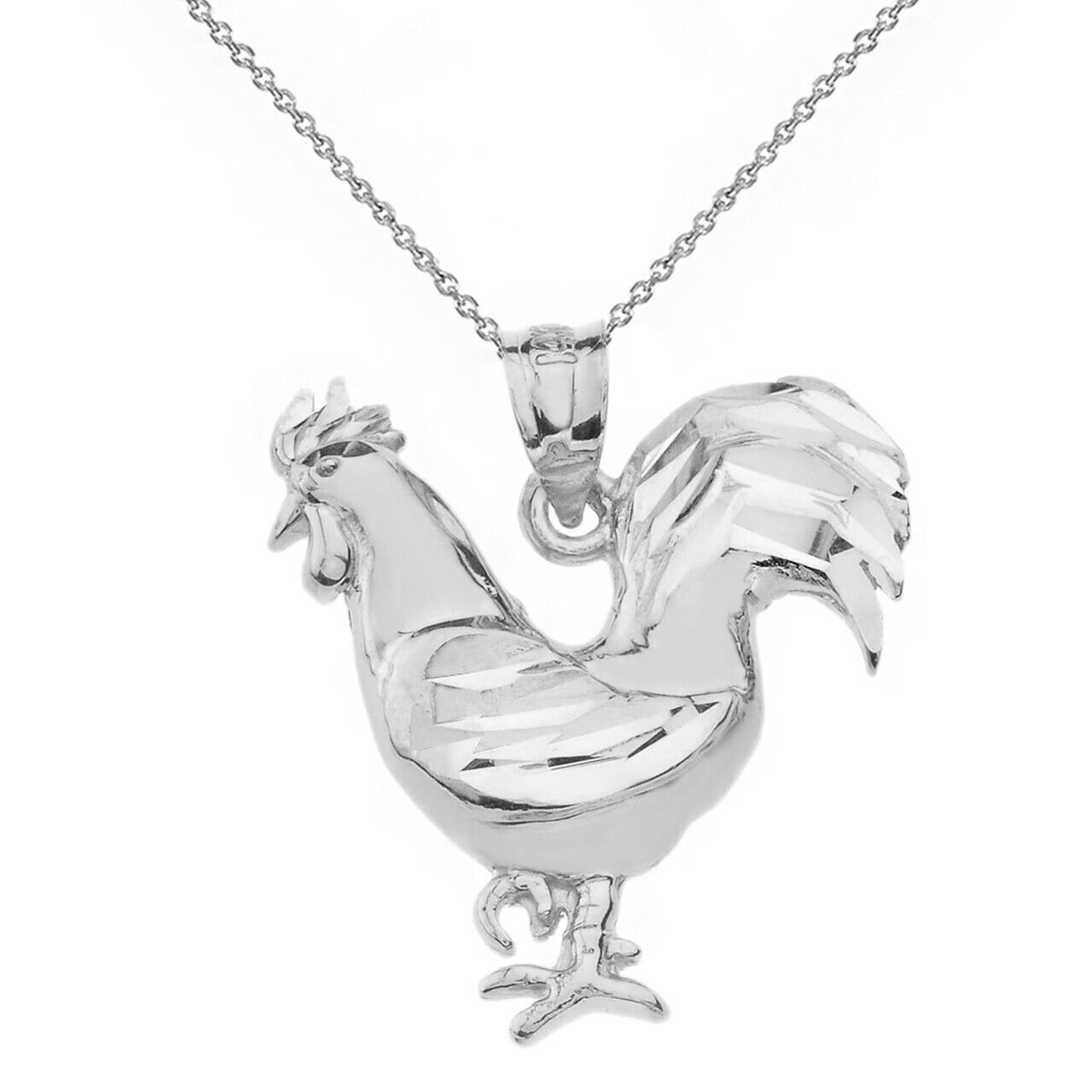 925 Sterling Silver Sparkle Cut Rooster Diamond Cut Pendant Necklace