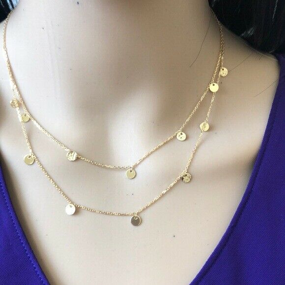 14K Solid Yellow Gold Layer Text Pol Disk Disc Double Strand BIB Necklace