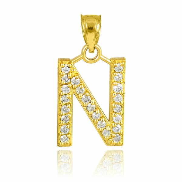 14k Solid Yellow Gold Diamonds Monogram Initial Letter N Pendant Necklace