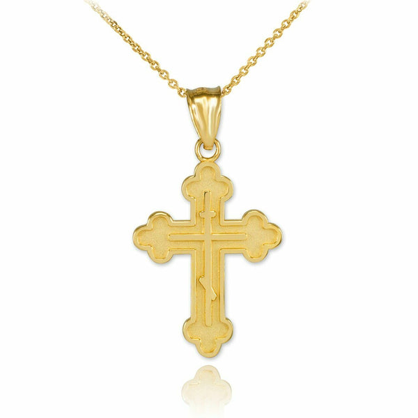 10k Solid Yellow Gold Eastern Orthodox Christian Cross Charm Pendant Necklace