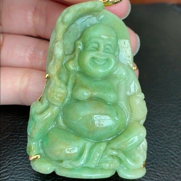 Solid Real Gold Natural Jadeite Jade Happy Laughing Buddha Big Belly Pendant XL