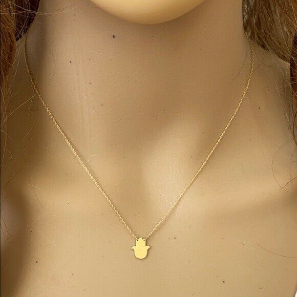 14K Solid Real Yellow Gold Mini Small God's Hand Center Necklace - Adjustable