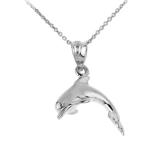 10k Solid White Gold Shinning Dolphin Pendant Necklace