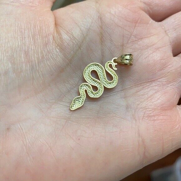 Solid 10k Yellow Gold Textured Snake-Serpent Pendant Necklace