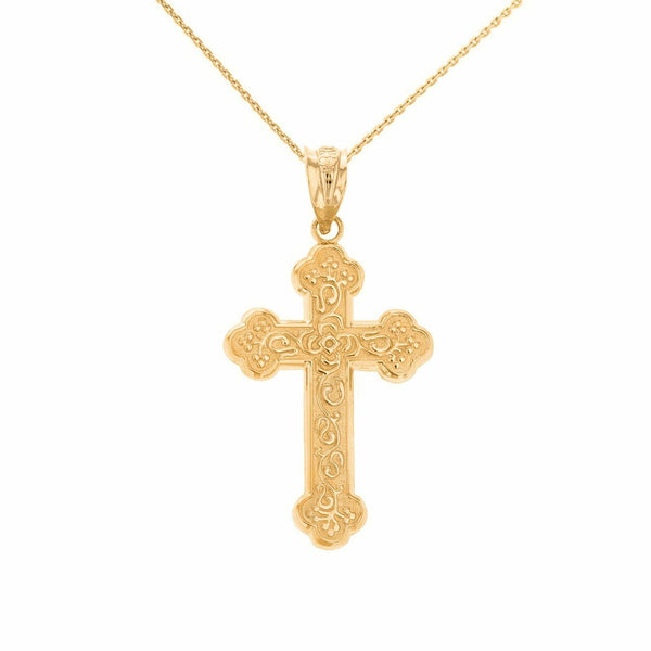 Solid Yellow Gold 14K Greek Orthodox Floral Rose Cross Pendant Necklace