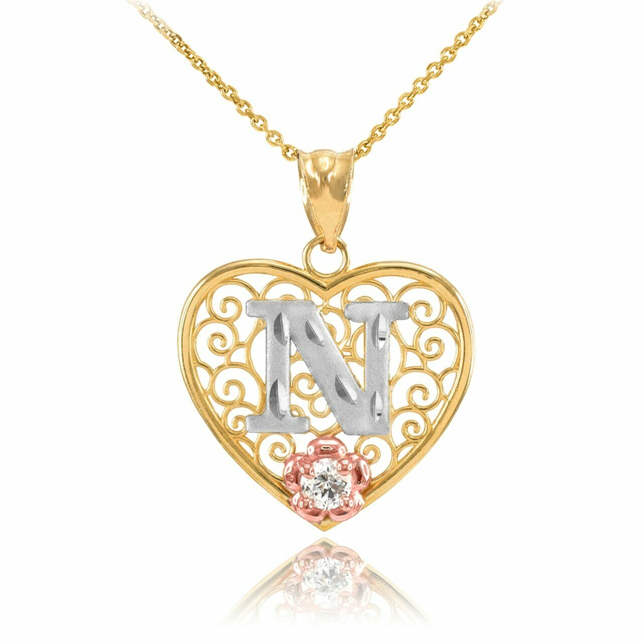 10k Solid Gold Initial Letter N Heart Filigree CZ Pendant Necklace