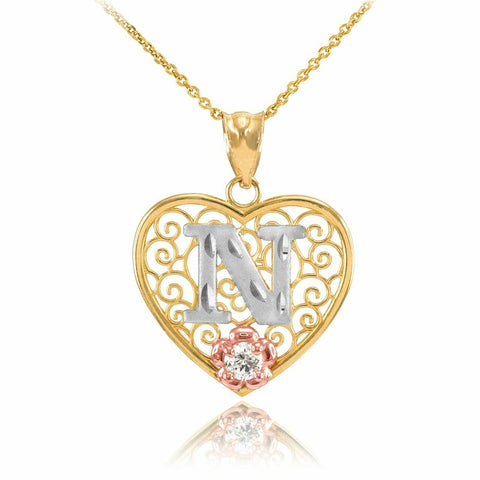 10k Solid Gold Initial Letter N Heart Filigree CZ Pendant Necklace