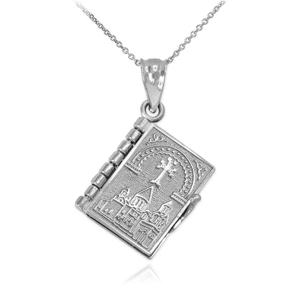 Sterling Silver 3D Armenian Holy Bible Book with Lords Prayer Pendant Necklace