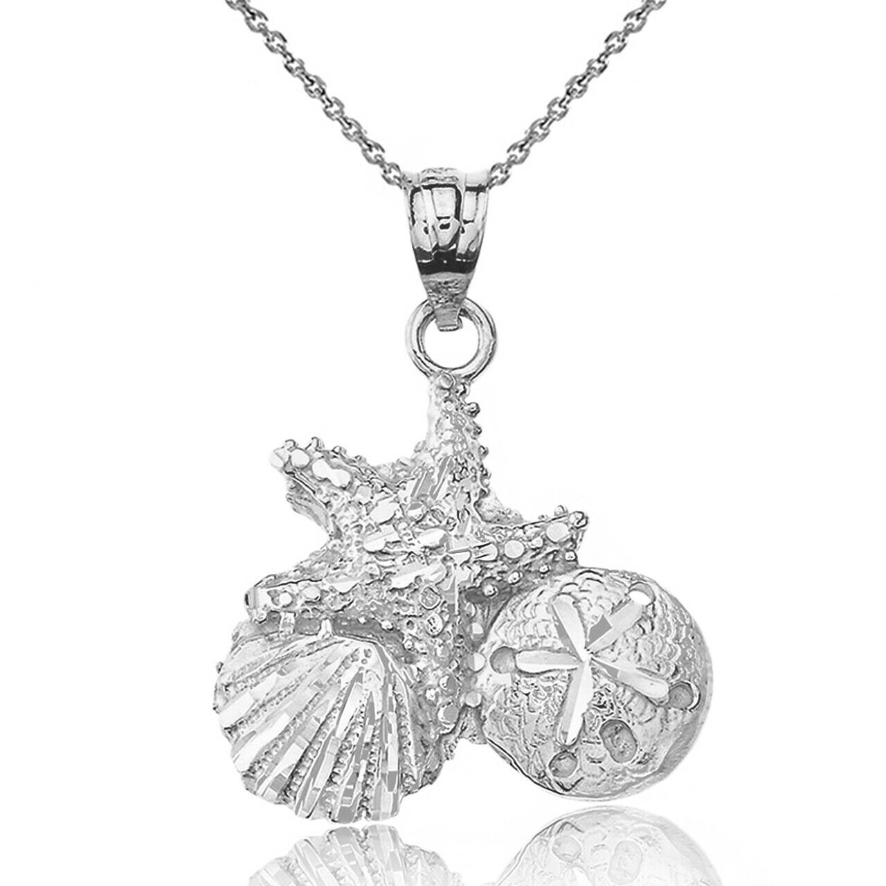 925 Sterling Silver Diamond Cut Starfish, Clam & Sand Dollar Pendant Necklace