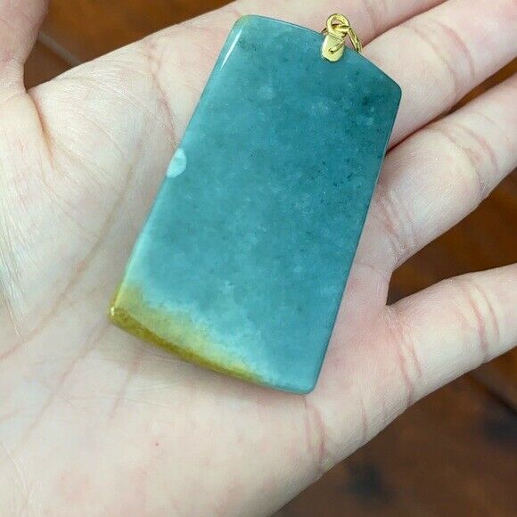 14K Solid Yellow Gold Carved Dragon Natural Jade Pendant Rectangle Men