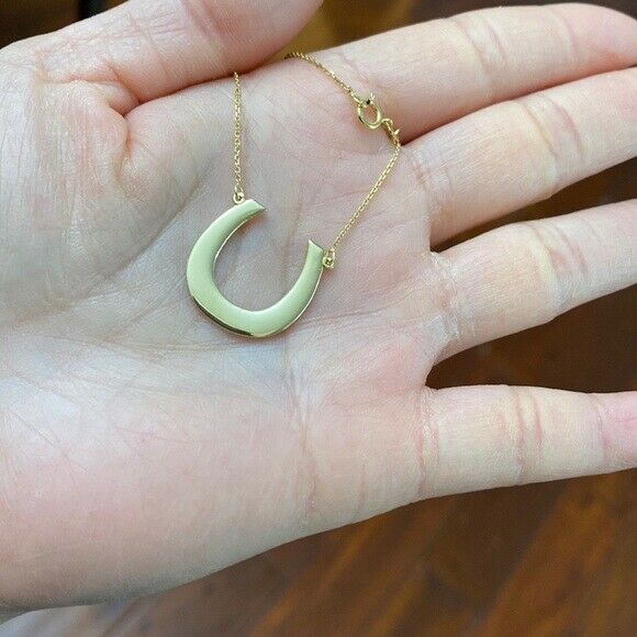 14k Solid Yellow Gold Polished Horseshoe Lucky Pendant Necklace 16" 18" 20" 22"
