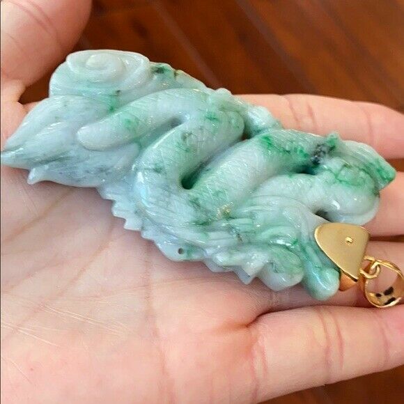 14K Large Real Gold Natural Jadeite Jade Carved Dragon Pendant 706 Heavy Thick